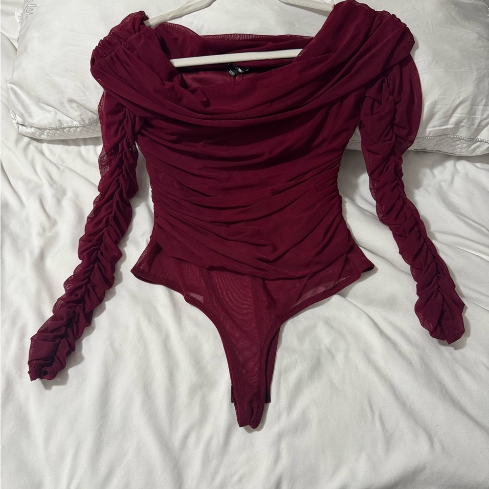 Fashion Nova Burgundy Ruched Bodysuit